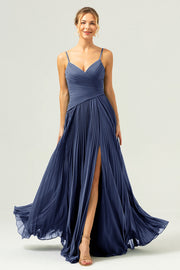Dark Navy A Line Spaghetti Straps Pleated Long Bridesmaid Dress with Slit