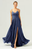 Dark Navy A Line Spaghetti Straps Pleated Long Bridesmaid Dress with Slit