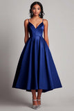 Black A Line Satin Spaghetti Straps Formal Dress