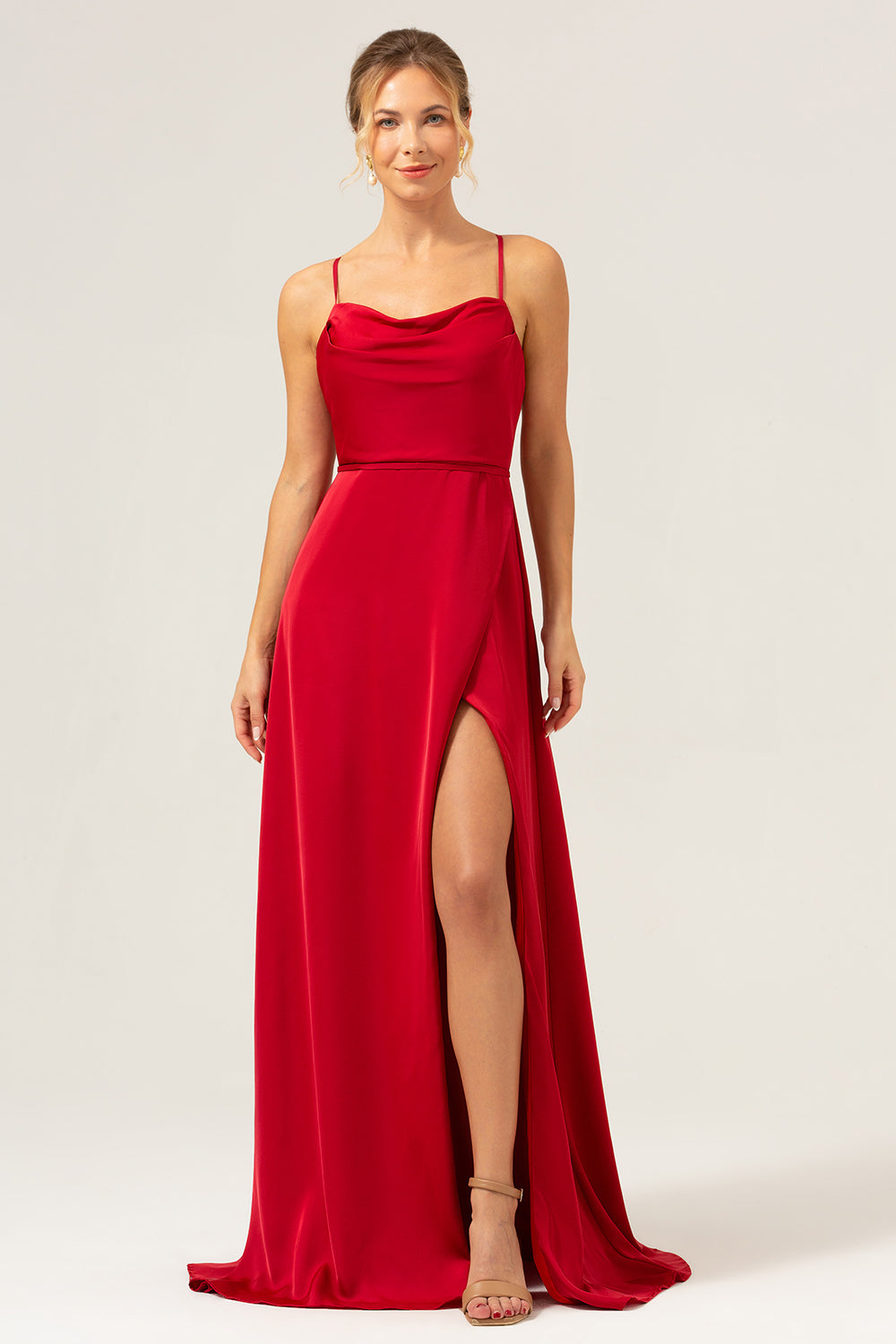 Wedtrend Women Dark Navy Bridesmaid Dress with Slit A Line Cowl Neck Long Satin Wedding Guest Dress, Dark Red / US6