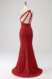 Fuchsia Mermaid One Shoulder Sparkly Sequins Prom Dress with Slit