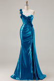 Metallic Burgundy Mermaid One Shoulder Corset 3D Flowers Long Prom Dress with Slit