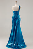 Metallic Burgundy Mermaid One Shoulder Corset 3D Flowers Long Prom Dress with Slit