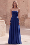 Strapless Yellow A Line Appliqued Maxi Bridesmaid Dress