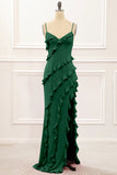 Spaghetti Straps Jade Tiered Mermaid Bridesmaid Dress With Slit