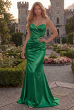 Green Mermaid Satin Ruched Strapless Prom Dress
