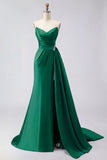 Royal Blue A Line Beaded Strapless Ruched Long Prom Dress with Slit
