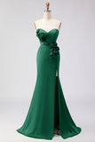Green Strapless Mermaid 3D Flower Satin Long Prom Dress with Slit