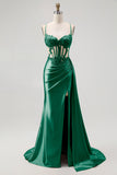 Champagne Mermaid Corset Streamer Beaded Ruched Long Prom Dress with Slit