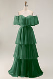 Dark Green Off The Shoulder Tiered A Line Long Bridesmaid Dress