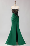 Black Green Strapless Mermaid Lace Appliqued Ruched Long Prom Dress with Slit