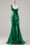 Metallic Burgundy Mermaid One Shoulder Corset 3D Flowers Long Prom Dress with Slit