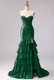 Red Mermaid Sweetheart Beaded Corset Tiered Ruffle Long Prom Dress with Slit