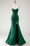 Burgundy Mermaid Sweetheart Corset Beaded Ruched Long Prom Dress with Slit