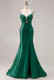 Mermaid Fuchsia Satin Cut Out Ruched Long Prom Dress with Slit