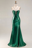 Metallic Golden Mermaid Corset Rhinestone Pleated Long Prom Dress with Slit