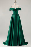 Off the Shoulder A Line Blue Satin Long Bridesmaid Dress with Slit