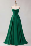 Golden A Line Beaded Strapless Corset Satin Long Prom Dress