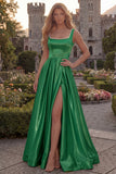 Blush Satin A Line Square Neck Pearl Prom Dress with Slit