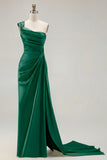 One Shoulder Green Sheath Ruched Long Prom Dress with Slit