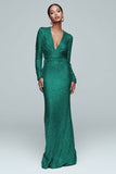 Sparkly Gold Sheath Sequins V-Neck Gala Dress with Long Sleeves
