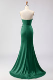 Green Strapless Mermaid 3D Flower Satin Long Prom Dress with Slit