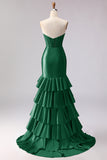 Red Mermaid Sweetheart Beaded Corset Tiered Ruffle Long Prom Dress with Slit