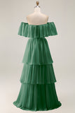 Dark Green Off The Shoulder Tiered A Line Long Bridesmaid Dress