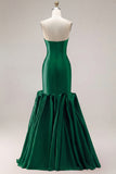 Fuchsia Strapless Mermaid Satin Long Prom Dress with 3D Flowers