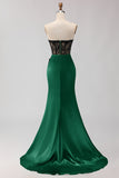 Black Green Strapless Mermaid Lace Appliqued Ruched Long Prom Dress with Slit