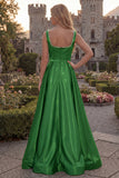 Blush Satin A Line Square Neck Pearl Prom Dress with Slit