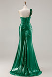 Metallic Burgundy Mermaid One Shoulder Corset 3D Flowers Long Prom Dress with Slit