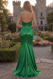 Green Mermaid Satin Ruched Strapless Prom Dress