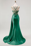 Champagne Mermaid Corset Streamer Beaded Ruched Long Prom Dress with Slit