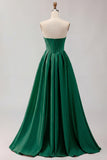 Golden A Line Beaded Strapless Corset Satin Long Prom Dress