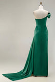 One Shoulder Green Sheath Ruched Long Prom Dress with Slit