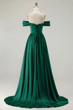 Off the Shoulder A Line Blue Satin Long Bridesmaid Dress with Slit