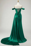 Royal Blue Off The Shoulder Mermaid Beaded Streamer Ruched Long Prom Dress with Slit