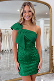 Fuchsia One Shoulder Bow Bodycon Sequin Homecoming Dress
