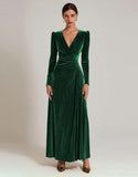Olive Velvet A-Line V-Neck Holiday Dress With Long Sleeves