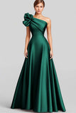 Navy A Line Ruffled One Shoulder Satin Long Formal Dress