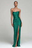 Sparkly Silver Strapless Sheath Sequins Holiday Party Dress with Slit