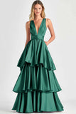 A-Line V Neck Tiered Long Prom Dress with Ruffles