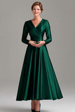 A Line Grey Blue V-Neck Mother Of the Bride Dress with Long Sleeves
