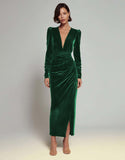 Olive Sheath Long Sleeves Velvet Ruched Formal Dress with Slit
