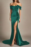Mermaid Black Off the Shoulder Satin Evening Dress with Slit