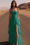 Strapless Ruffled Ivory A Line Maxi Wedding Dress with Slit