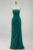 Light Pink Strapless Ruched Sheath Long Prom Dress with Slit
