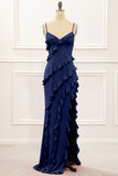 Spaghetti Straps Jade Tiered Mermaid Bridesmaid Dress With Slit