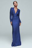 Sparkly Gold Sheath Sequins V-Neck Gala Dress with Long Sleeves
